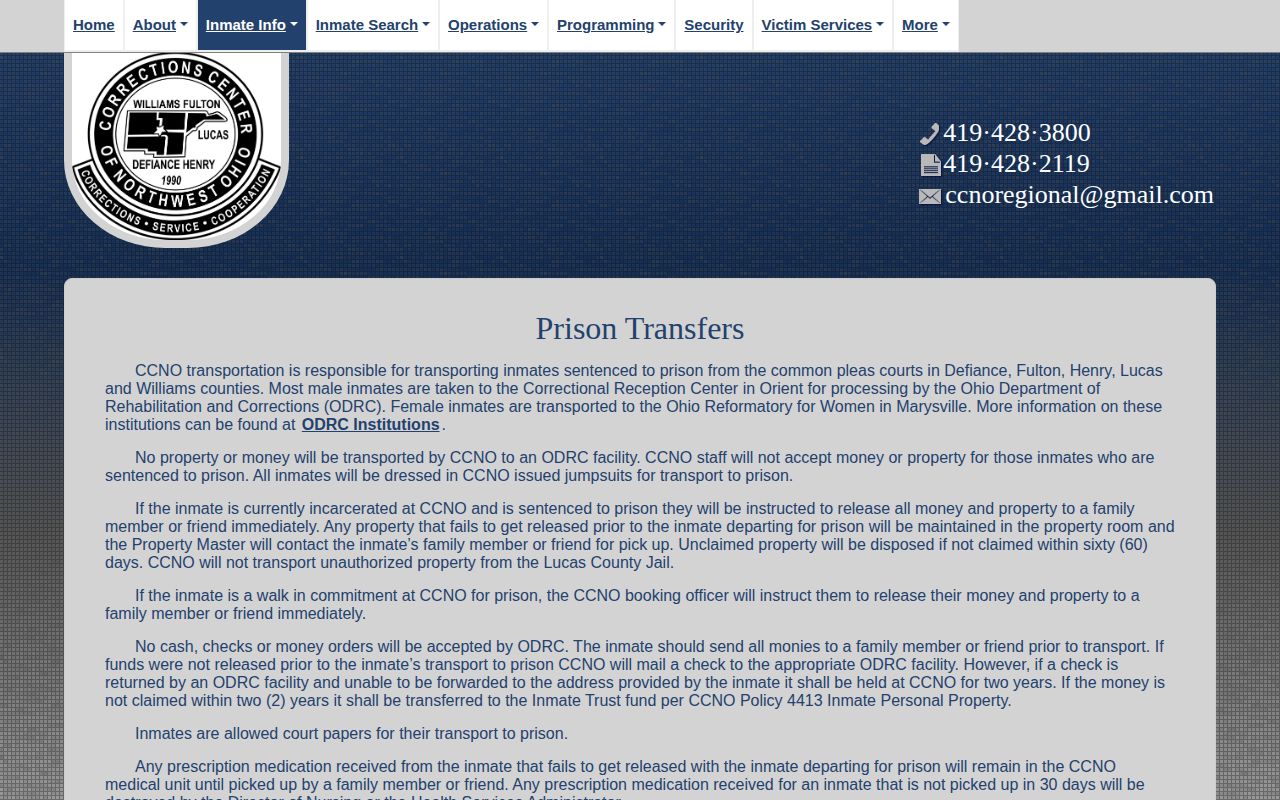 Corrections Center of Northwest Ohio release and prison transfer information for Henry County