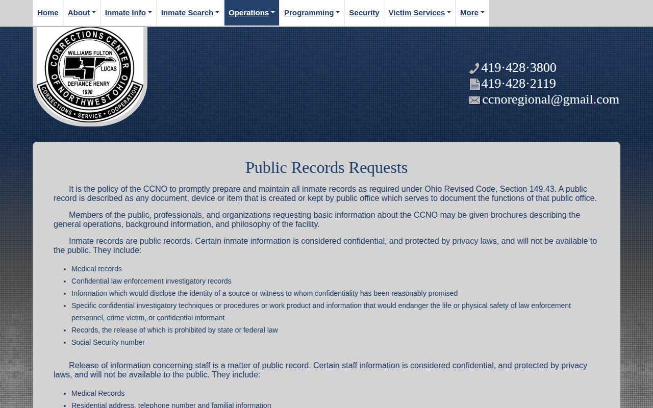 Corrections Center of Northwest Ohio release-record request channels for Henry County